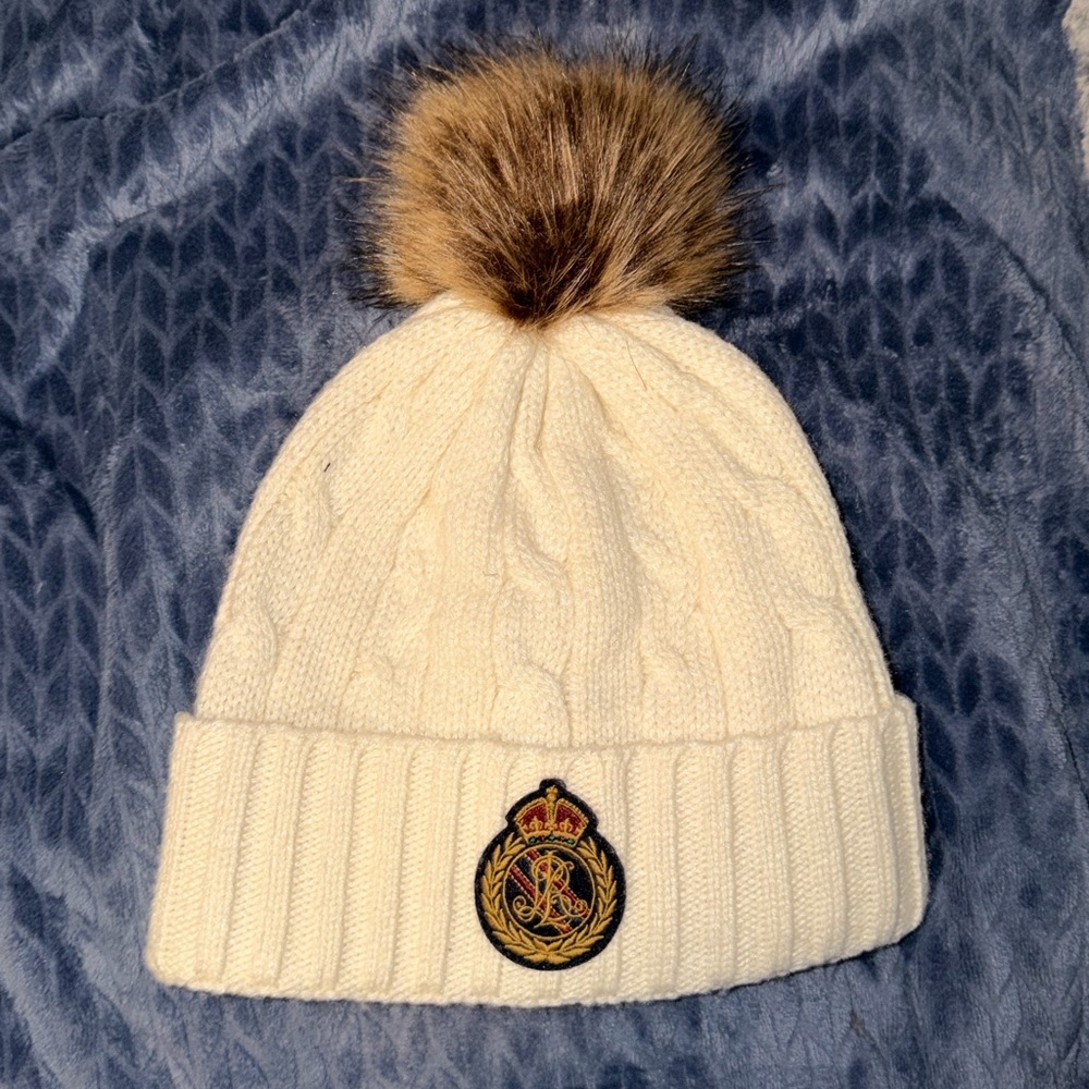 Polo by Ralph Lauren Cream Knit Hat with Fur Pom